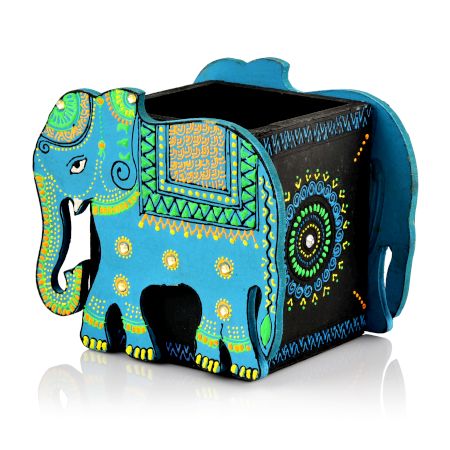 Handicraft Wooden Pen Stand Elephant - Blue